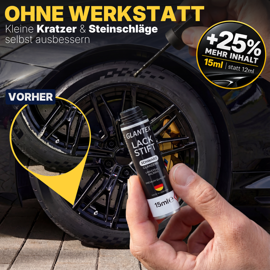 Lackstift Schwarz Glänzend neben geöffneter Verpackung mit integriertem Präzisionspinsel