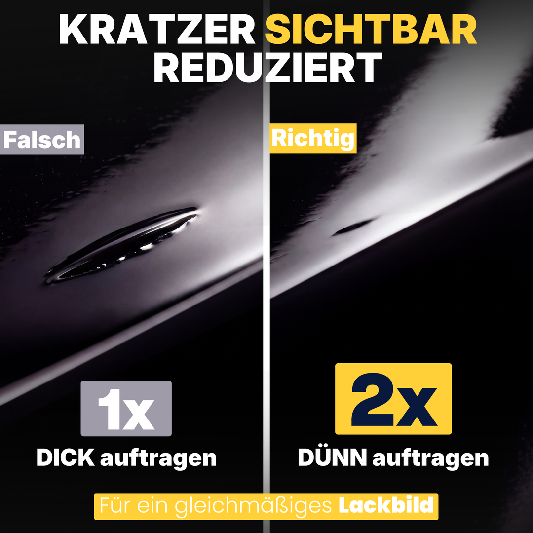 Vorher-Nachher-Vergleich eines Steinschlags in schwarz glänzendem Autolack