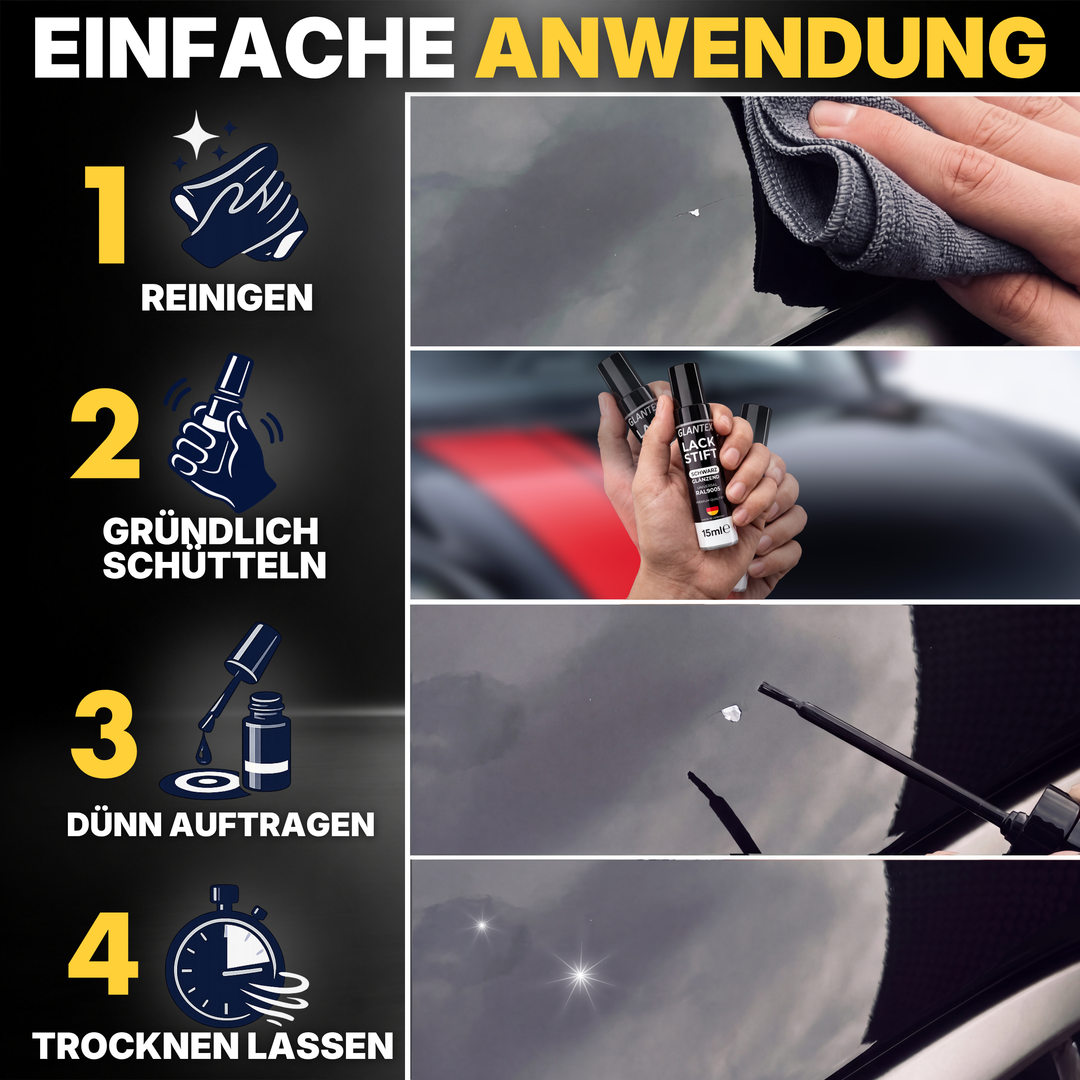 Applikatorspitze beim punktgenauen Auftragen auf einen feinen Kratzer