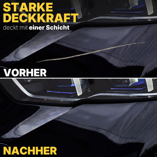 Auftragen von schwarz glänzendem Lack auf einen Steinschlag am Kotflügel