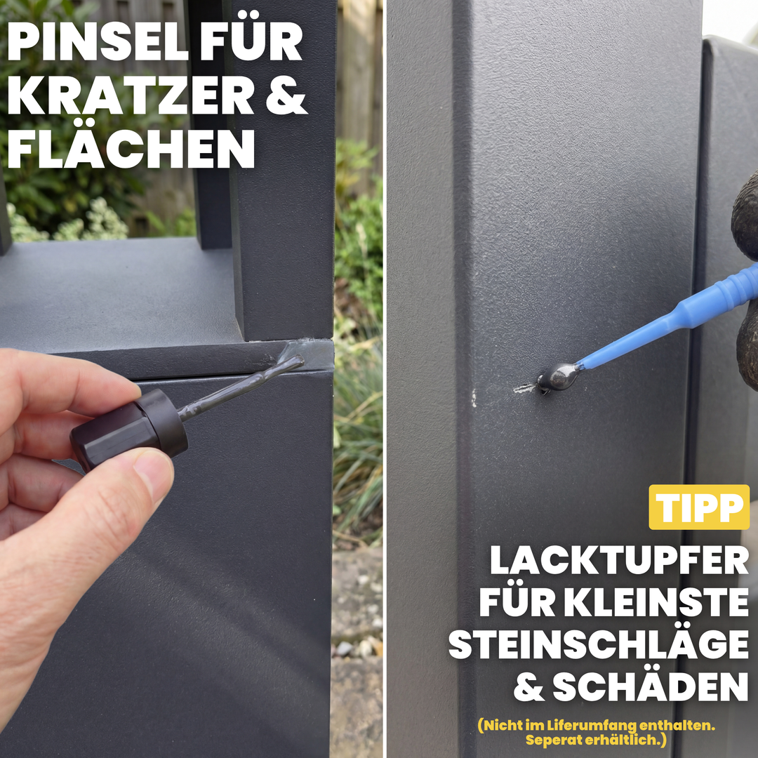 Steinschlag in anthrazitfarbenem Autolack vor und nach der Ausbesserung