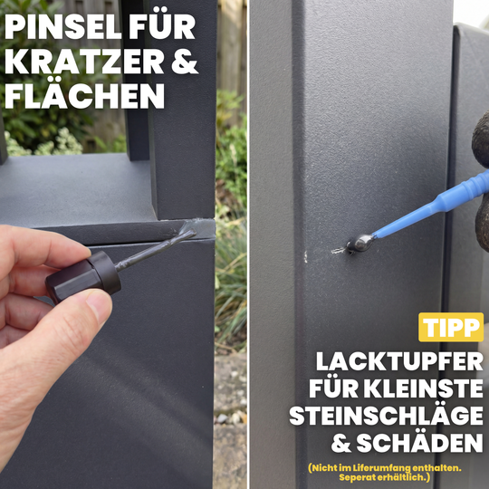 Steinschlag in anthrazitfarbenem Autolack vor und nach der Ausbesserung