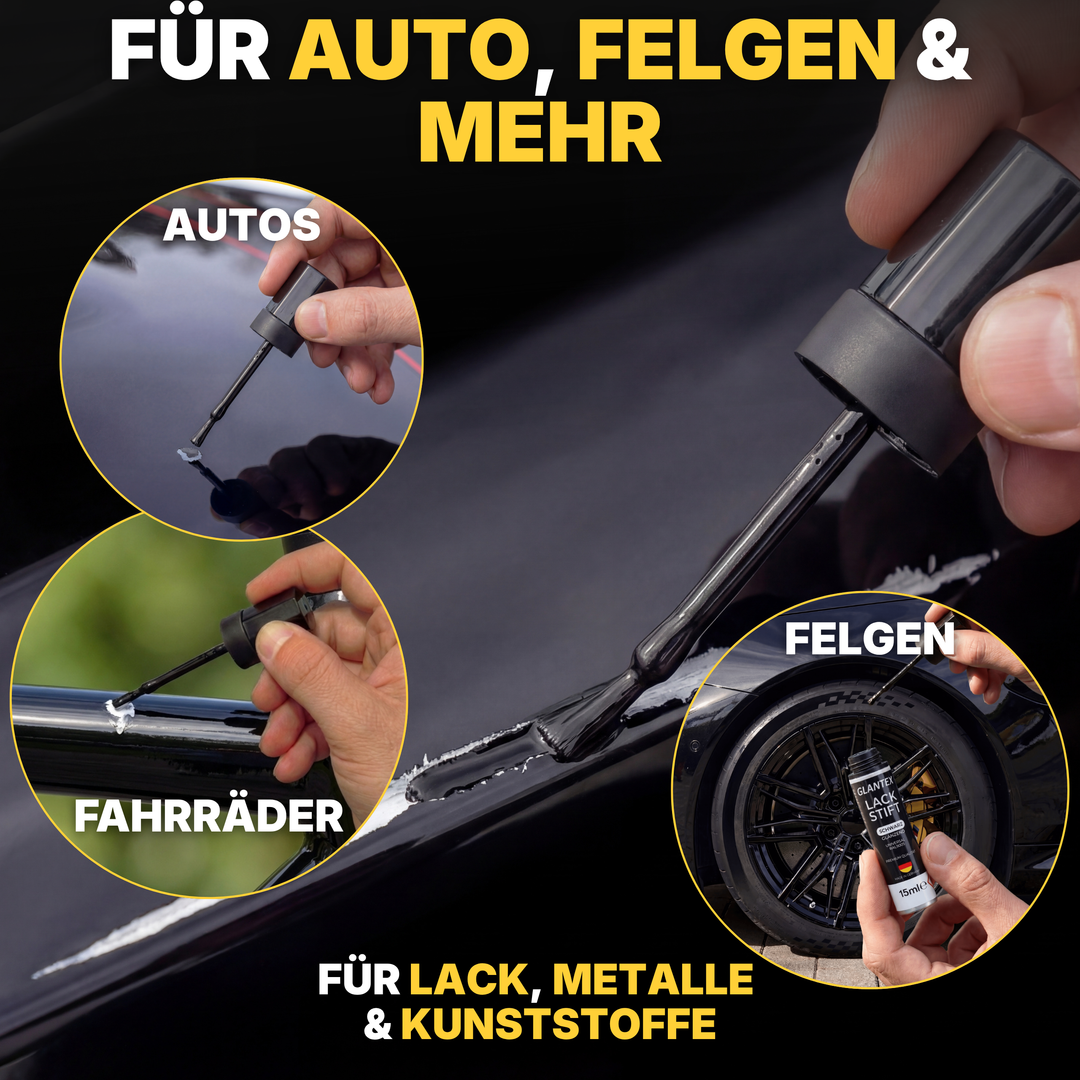 Farbfeld RAL 9005 Tiefschwarz glänzend im Vergleich zur Fahrzeuglackierung