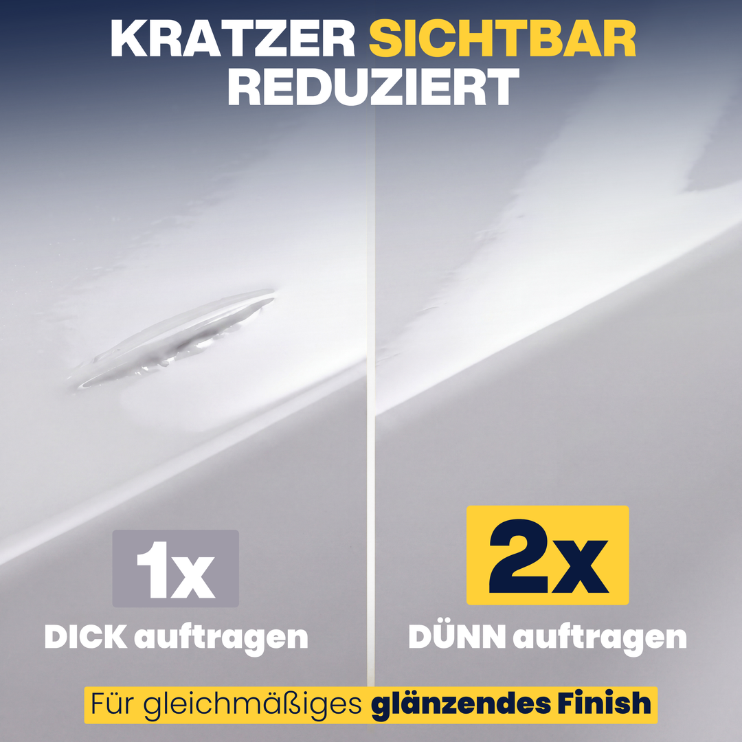 Steinschlag in weißem Autolack vor und nach der Ausbesserung
