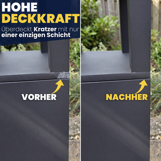 Anthrazitgrauer Lack wird auf einen Kratzer im Fensterrahmen aufgetragen