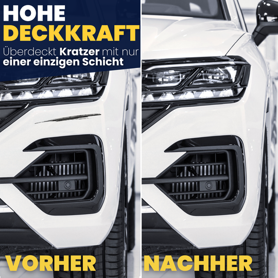 Weißer Lack wird auf einen Steinschlag an einer weißen Fahrzeugtür aufgetragen
